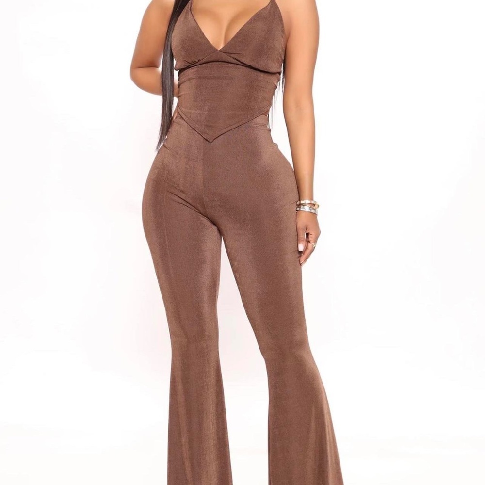 Fashion Nova Two Piece Brown Slinky Pant Set